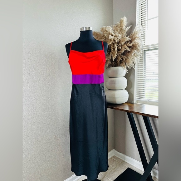 EXPRESS Satin Color Block Cowl Neck Midi Slip Dress NWT - Picture 4 of 6